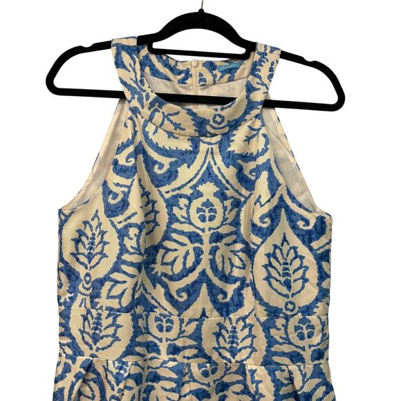 J. McLaughlin Silk Dress Womens 14 White Blue Sleeveless Halter Knee Length - Picture 2 of 6